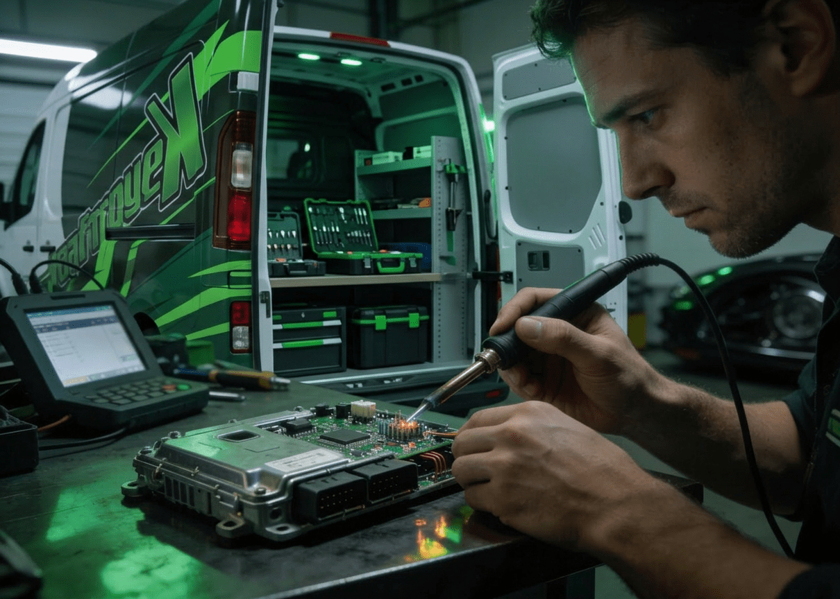 Handheld diagnostic tool reading an SRS airbag module — Key Crafters mobile auto locksmith covering Etherley